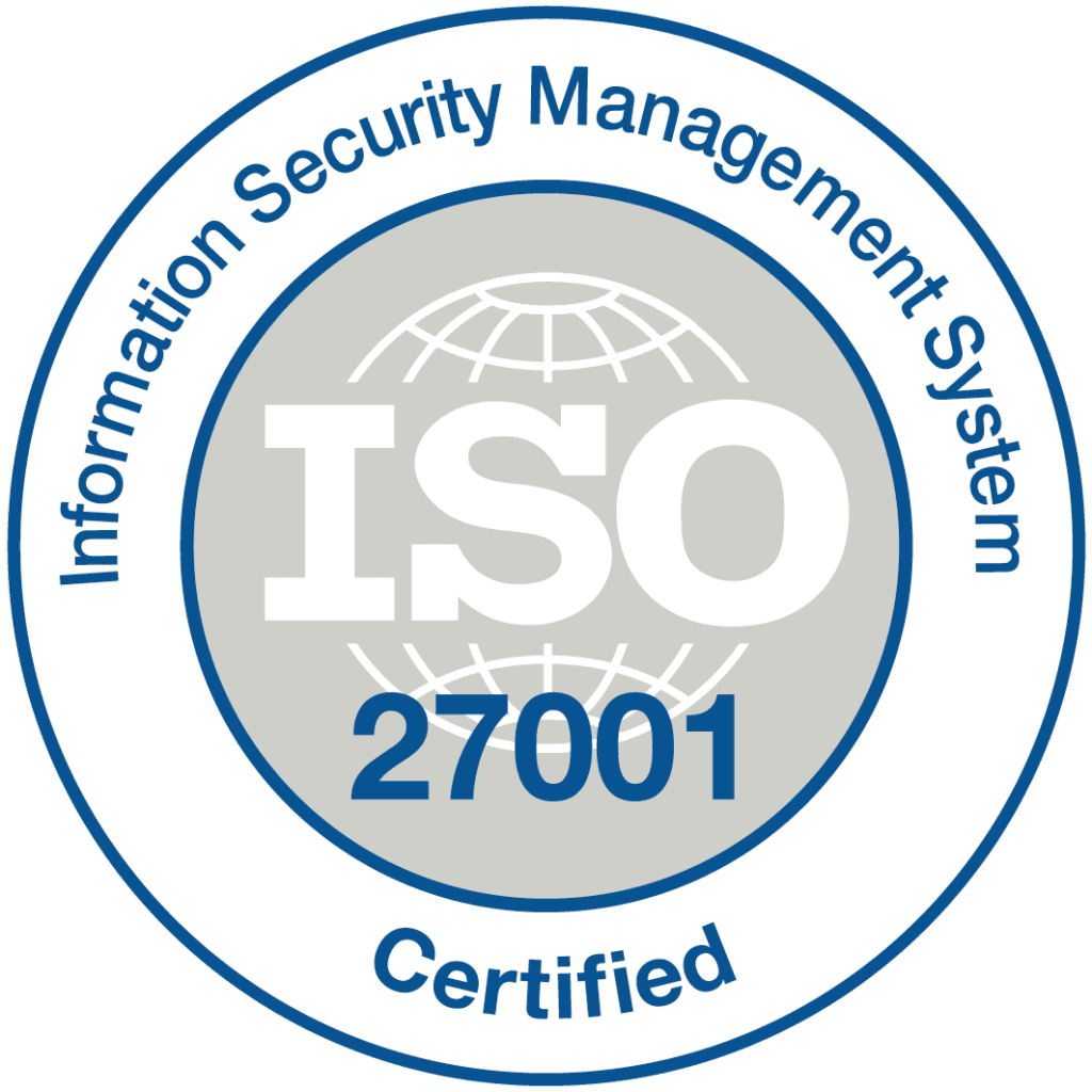 A certification badge for ISO 27001 Information Security Management Systems